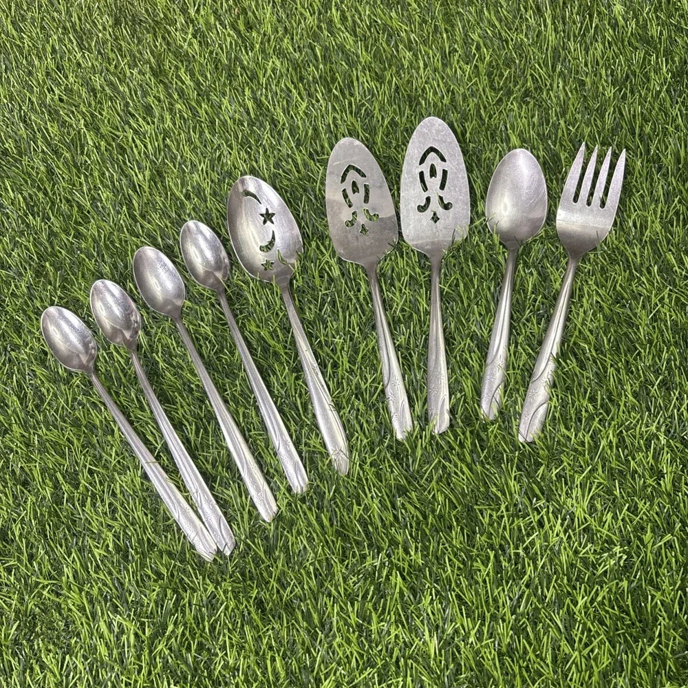 Vintage Thor Stainless USA Starlet 9 Pc Serving Flatware Lot 1950s Atomic MCM